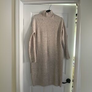 Beige Ribbed Knit Turtleneck Sweater Dress